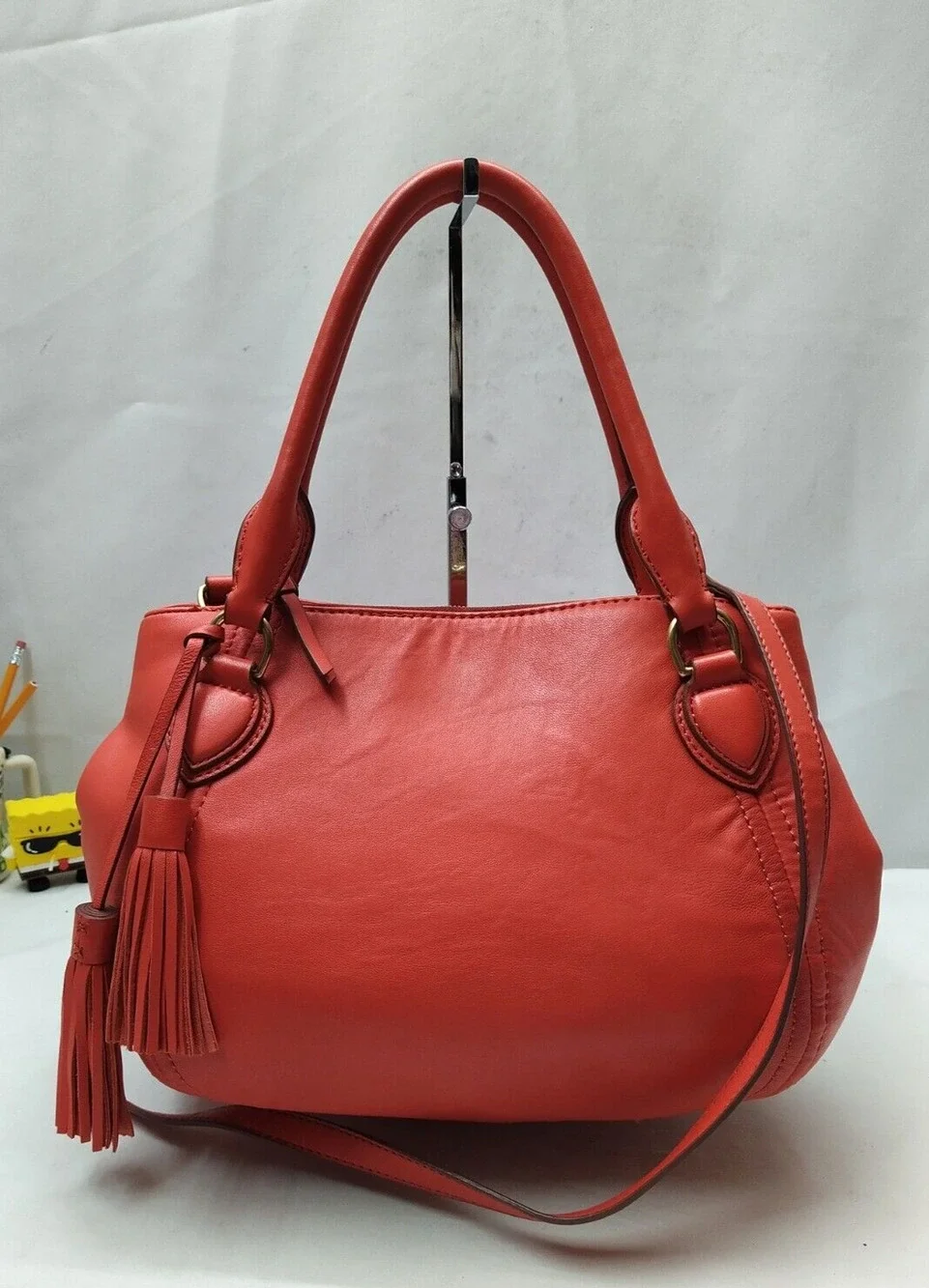 J.CREW Orange Soft Leather Tassel Zipper Pockets Top Handle Satchel Shoulder Bag